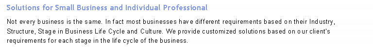 Text Box: Solutions for Small Business and Individual ProfessionalNot every business is the same. In fact most businesses have different requirements based on their Industry, Structure, Stage in Business Life Cycle and Culture. We provide customized solutions based on our clients requirements for each stage in the life cycle of the business.