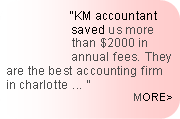 Rounded Rectangle:                  KM accountant                    saved us more 	     than $2000 in                       annual fees. They are the best accounting firm in charlotte ...   MORE>